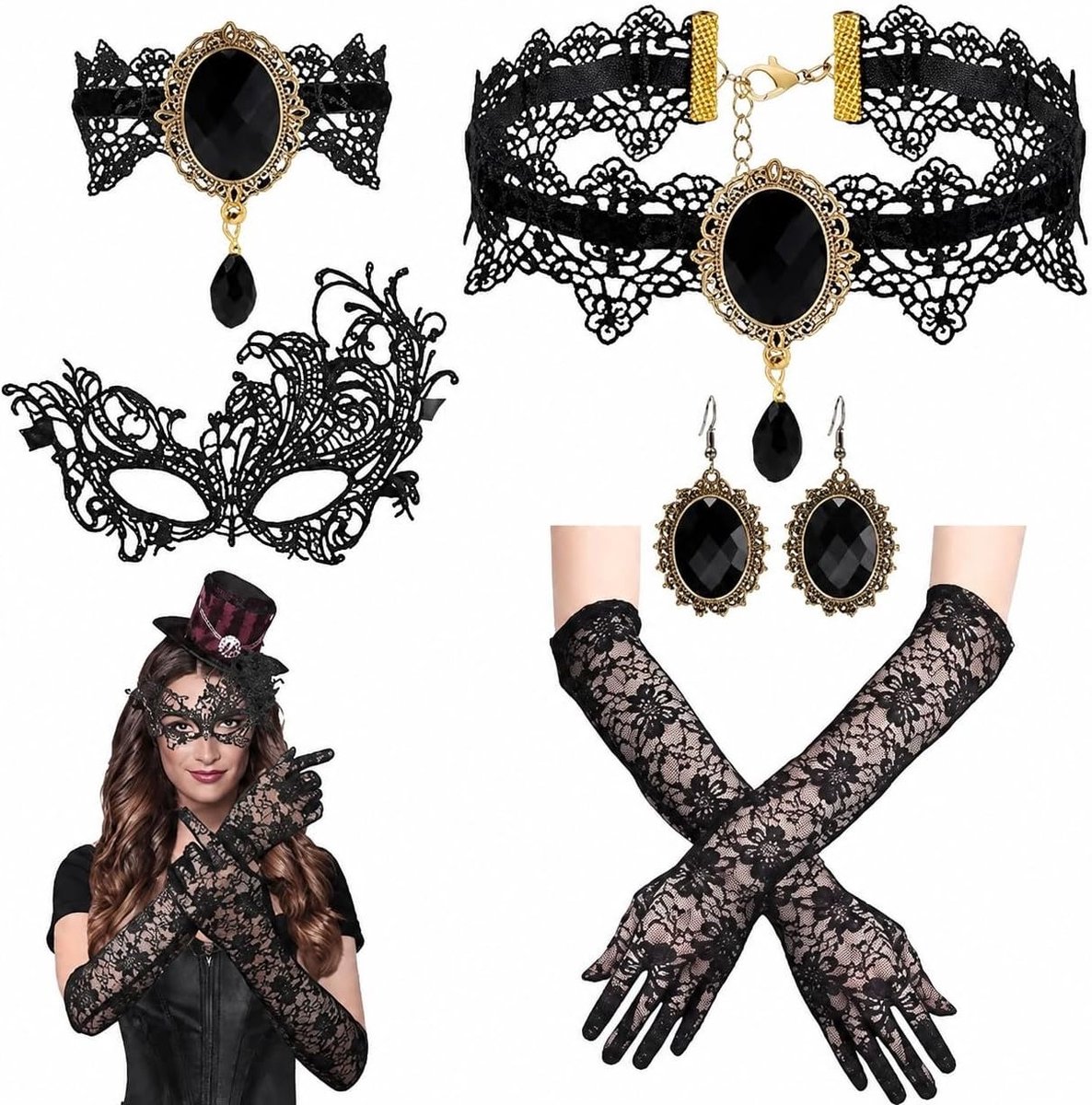 Zwarte Gothic Kostuum voor Vrouwen, 6-delig Halloween Kostuum met Kanten Handschoenen, Masker en Choker voor Feest, Carnaval en Cosplay