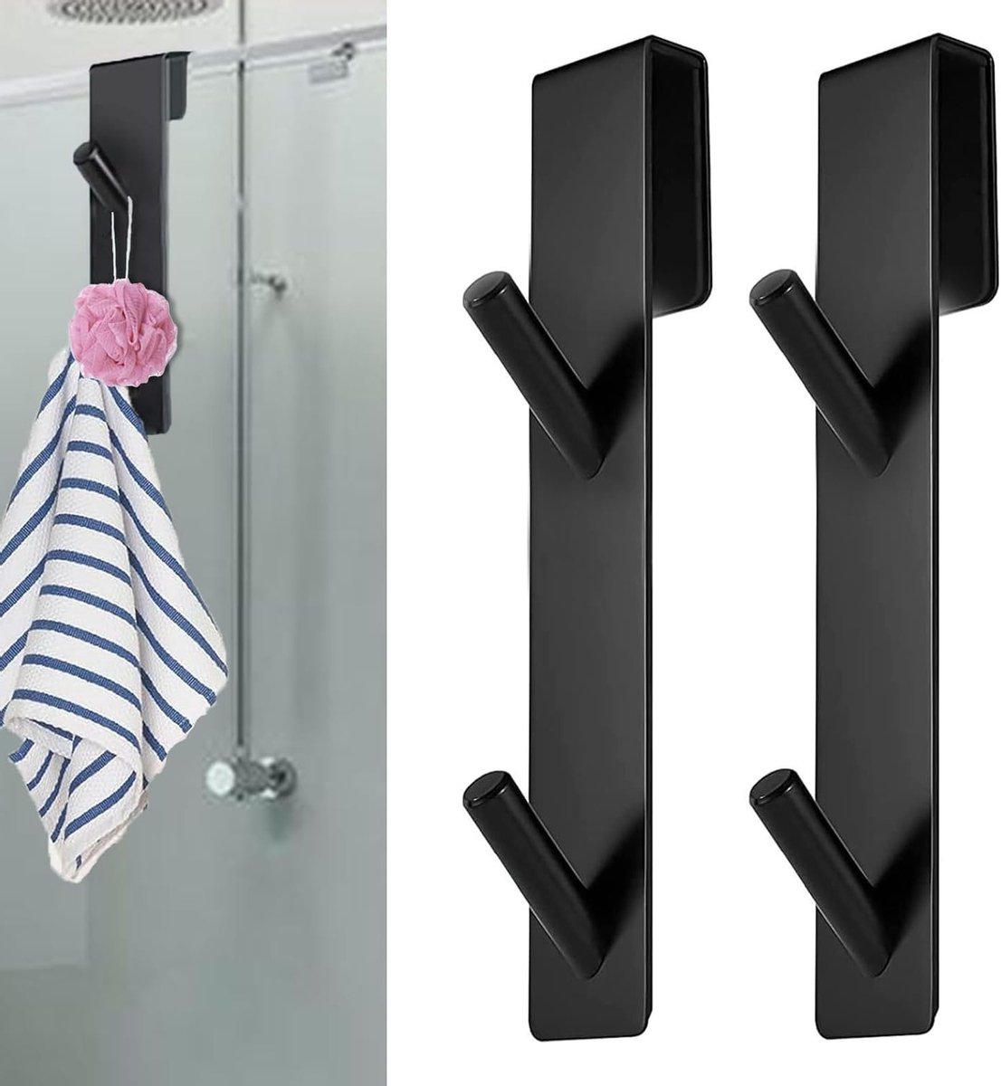 ACEP Set van 2 douchedeur haken - Mat zwart - Deurhaken - Douchedeur haken - RVS - 17 x 4 