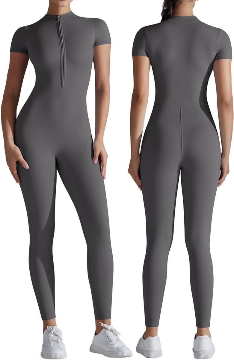Dames Yoga Jumpsuit Bodycon Sport Romper met Korte Mouwen voor Fitness en Gym Workouts - Grijs, Maat S, Comfortabel en Ademend