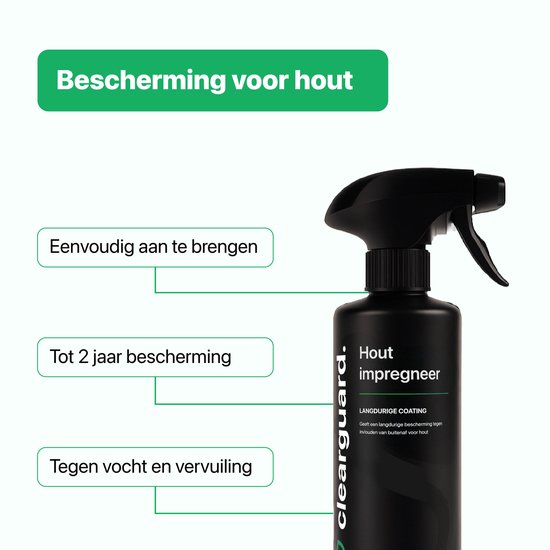 Zwarte spuitfles Clearguard Hout impregneer, met tekst: Bescherming voor hout. Tot 2 jaar bescherming. Tegen vocht en vervuiling.