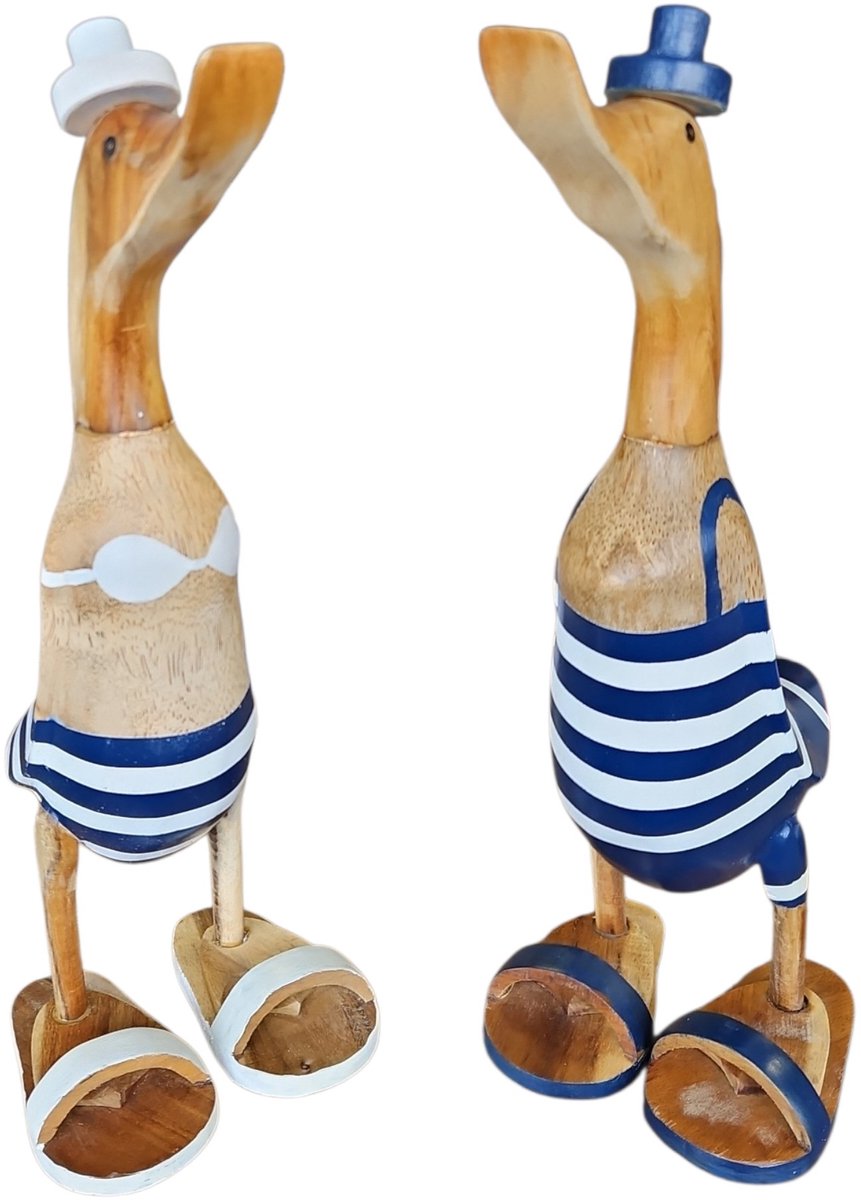 Houten Decoratie Eenden Set | Handgemaakte Houten Eendjes Matroos 45 cm | Decoratief Beeldje Hout | Indonesisch Ambacht | Blauw Wit