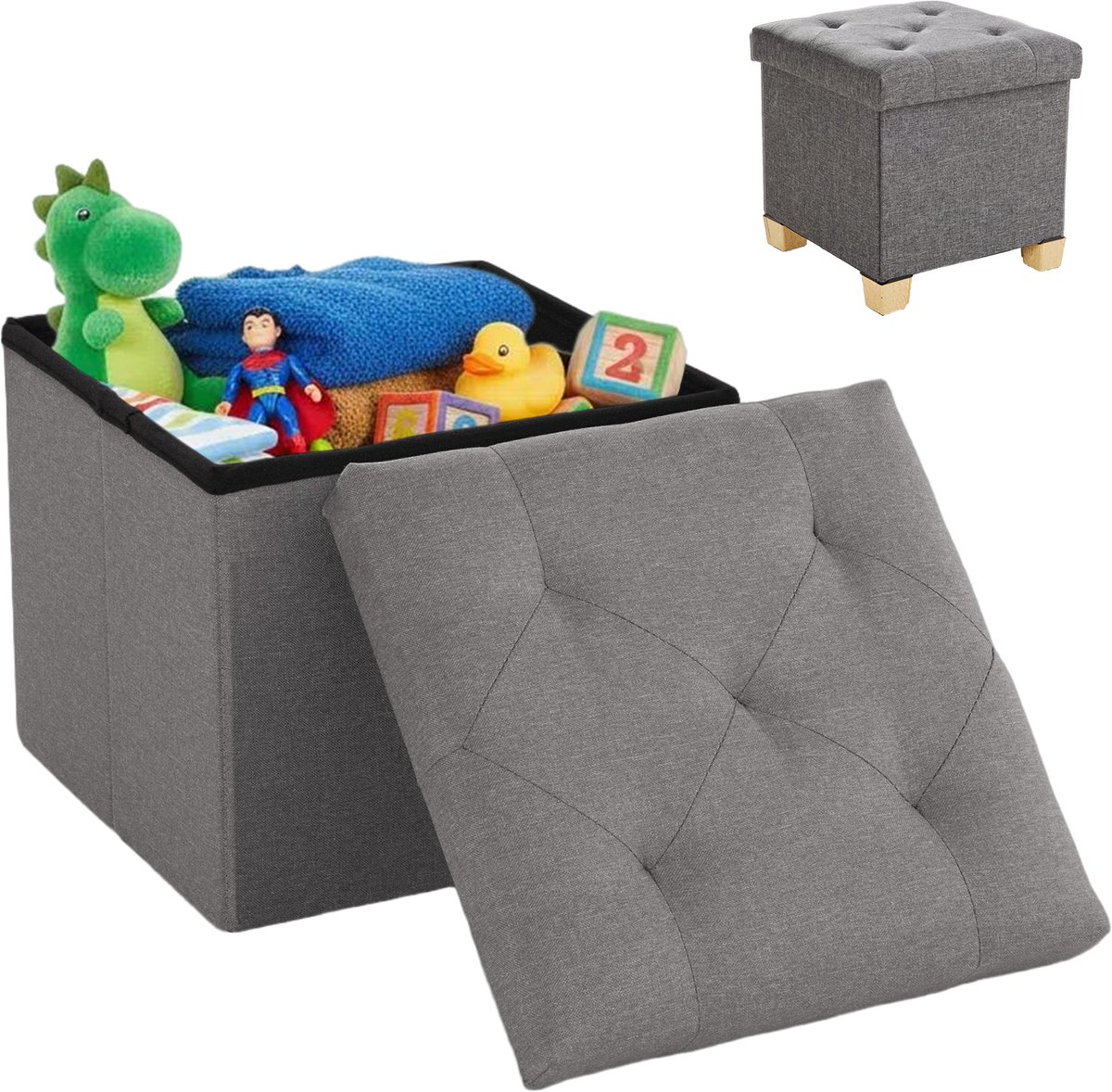 Opvouwbare Opbergbank Met Poten 38×38×38 cm Grijs – Vierkante Zitbank – Belastbaar 150 kg – Opbergkruk Met Voeten