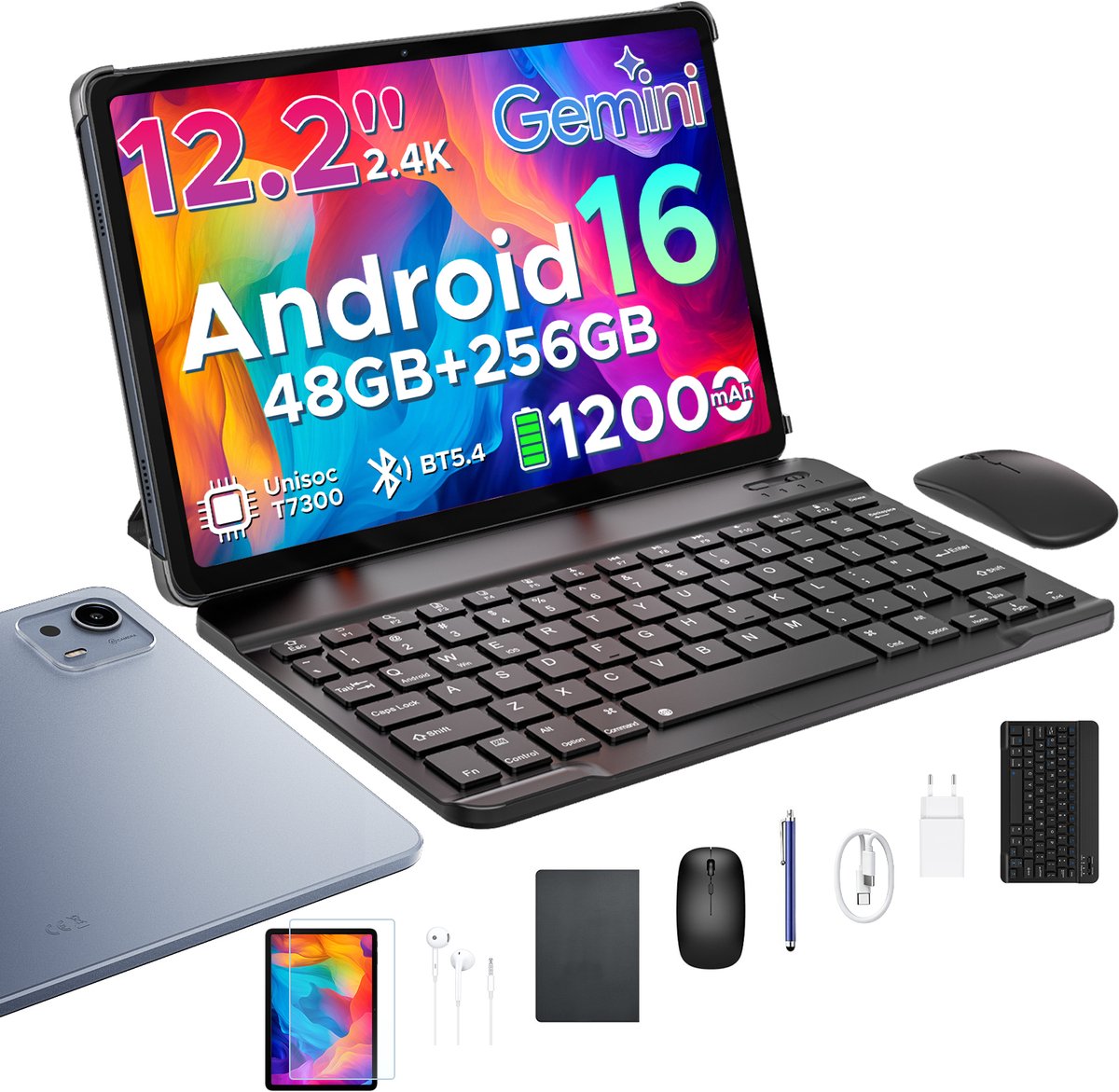 Aorlym P12 Plus - Tablet - 48GB RAM (12+36GB) + 256GB ROM (2 TB/TF) - 12,2 inch 2,4K 120Hz IPS - Android 16 - 12000mAh/18W - T7300 - Wi-Fi 5 - Bluetooth 5.0 - Quad-luidsprekers - Volledige accessoirebundel met toetsenbord en stylus