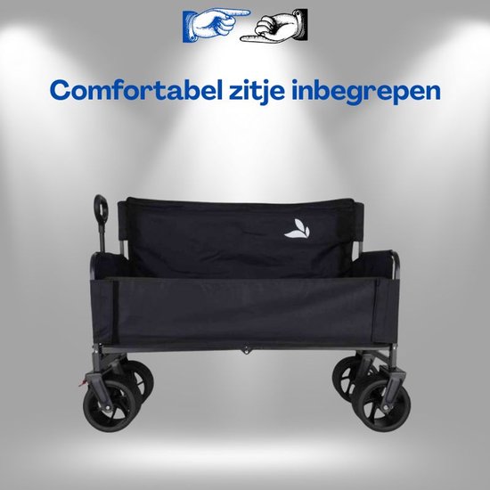 LUARO Opvouwbare Transportkar Met Zitje En Rugleuning – Camping Trolley Met All Terrain Wielen Verstelbare Handgreep En Remmen Opvouwbare Bolderkar Voor Strand Boodschappen En Kamperen Zwart Met Ebook — afbeelding 2