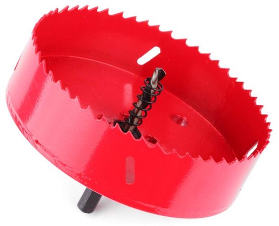 Rode bi-metaal gatenzaag van 110mm met scherpe tanden en een centrale boor.