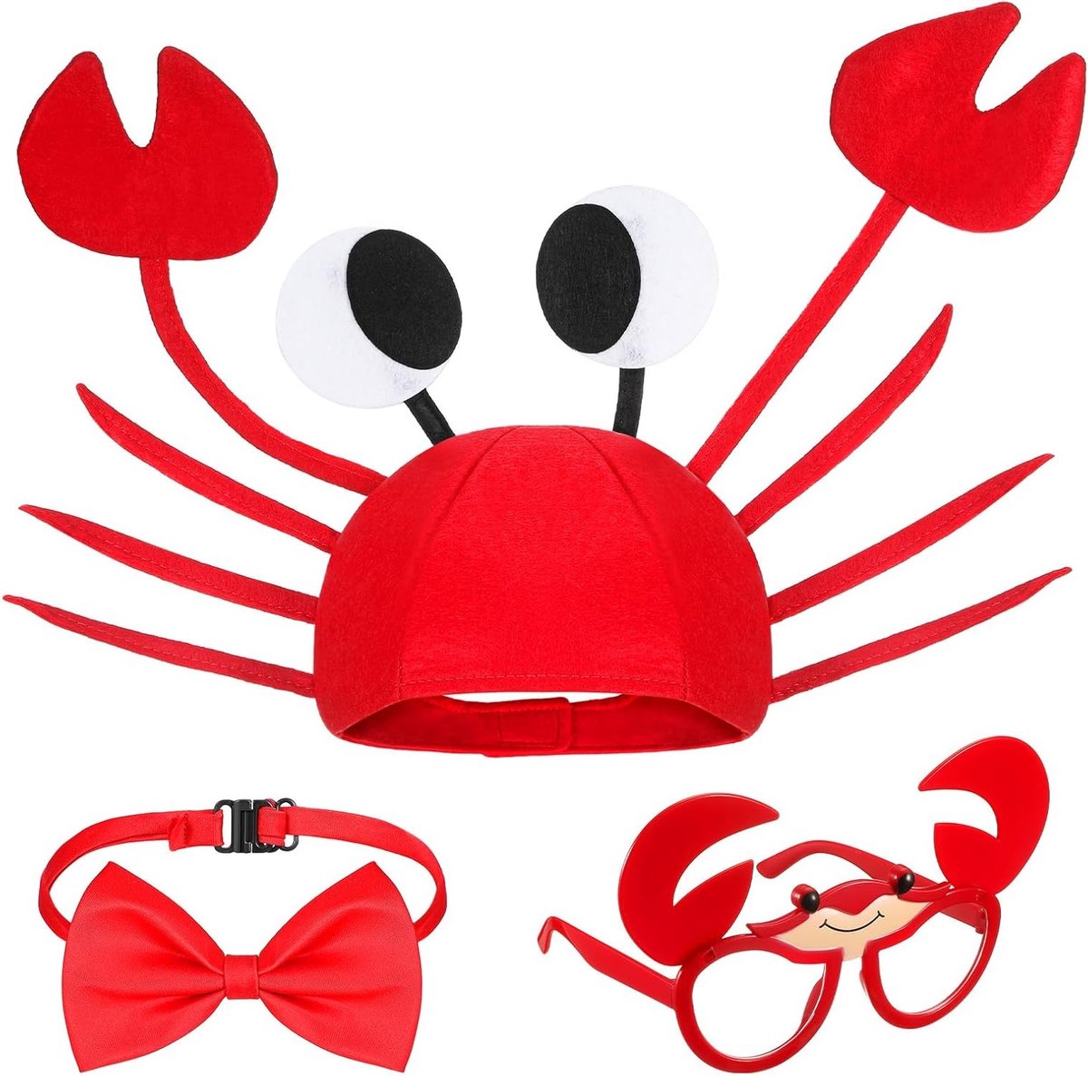 Grappige Krab Hoed Kostuum Set met Verstelbare Hoed, Feestelijke Zonnebril en Rode Strik voor Kinderen en Volwassenen voor Carnaval en Halloween