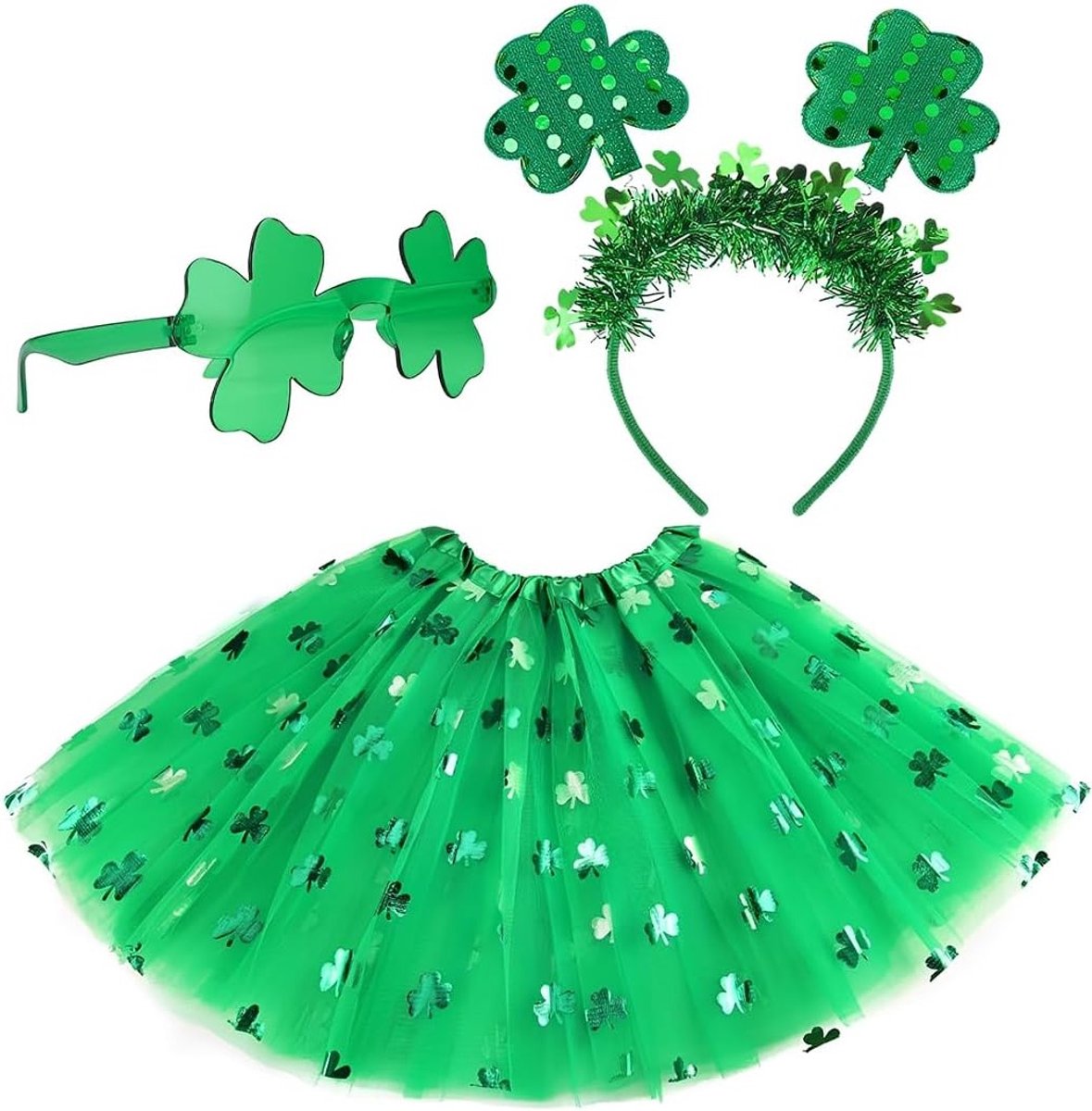 Kostuumaccessoireset voor St. Patrick's Day met groene tutu, shamrock hoofdband en bril, feestartikelen voor een geslaagd St. Patrick's Day feest
