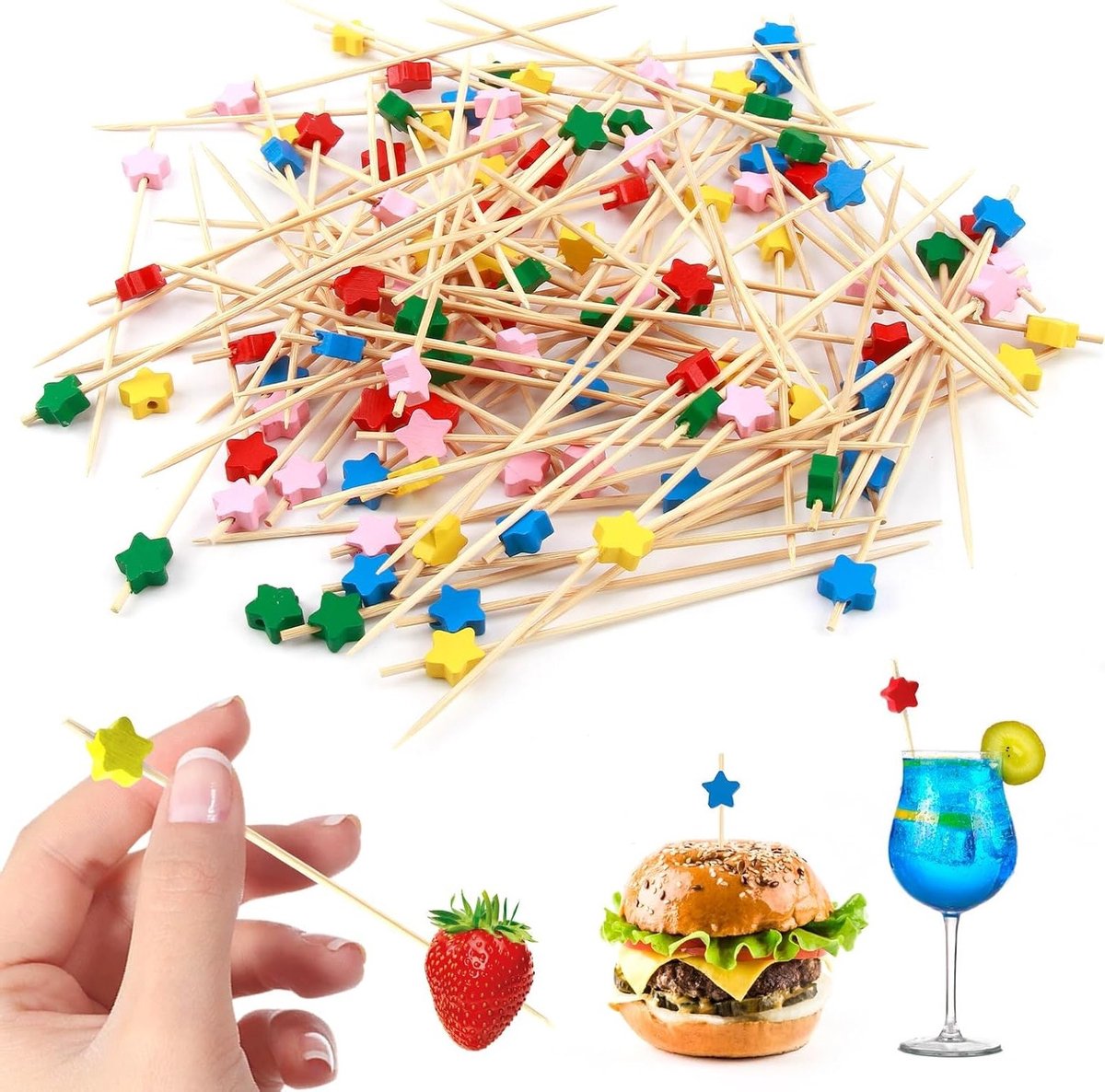 Set van 100 Houten Cocktailprikkers van 12 cm voor Fingerfood, Barbecue, Feestdecoratie en Verjaardagen