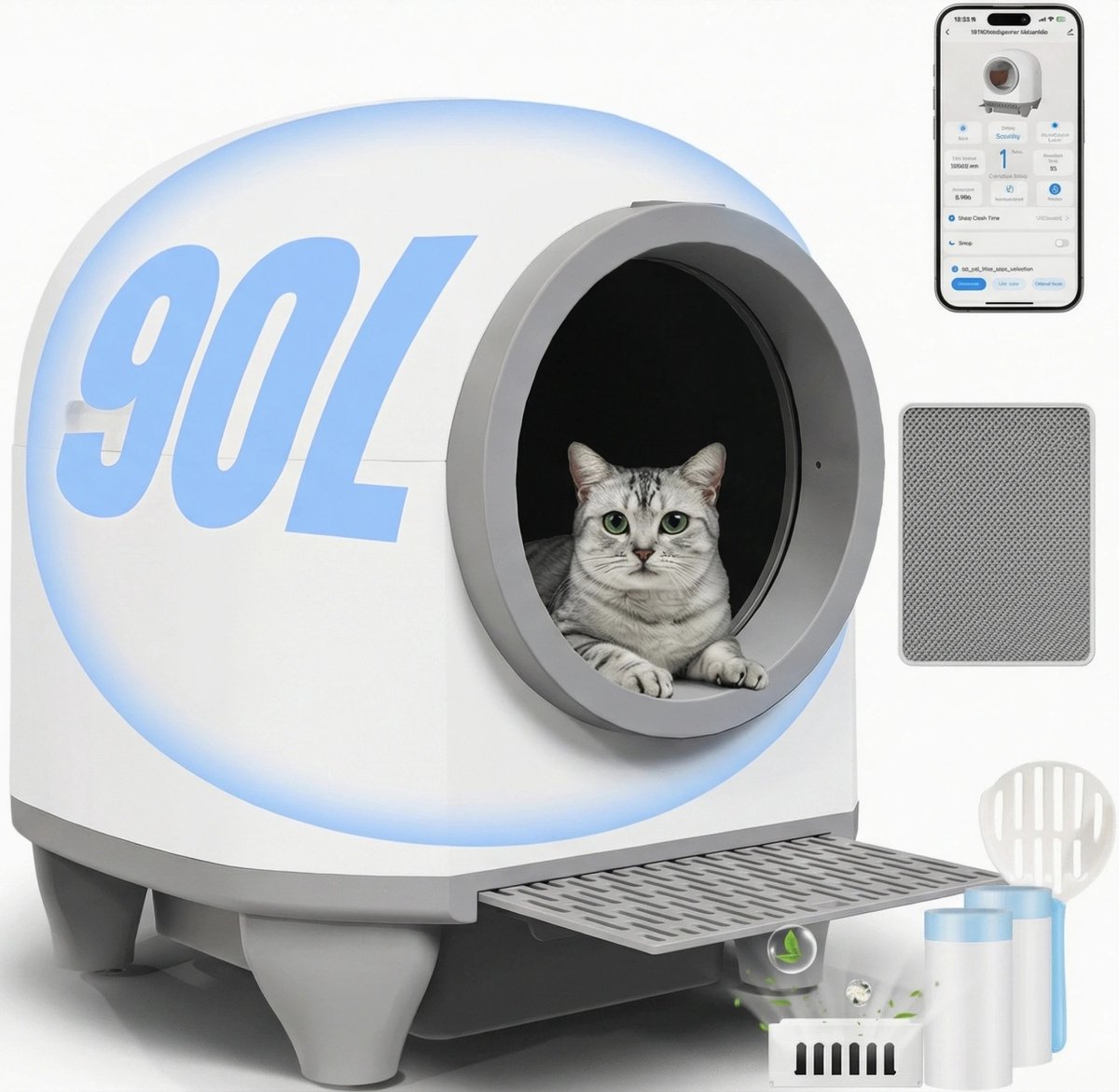 Archi Automatische kattenbak – Kattenbak - Met veiligheidssensoren – 90L Capaciteit – App bediening & geurfilter – Wit