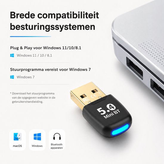 Zwarte Sounix Bluetooth 5.4 adapter met gouden connector en blauwe LED, naast een laptop.