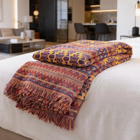 Luxe 100% Katoen Geweven Deken Met Elegant Patroon en Franjes – Sprei 90 x 120 cm Voor TV-Bank, Fauteuil en Bed – Zachte Plaid Met Hoogwaardige Uitstraling en Comfortabel Design | Stijlvolle Bankdeken en Bedsprei