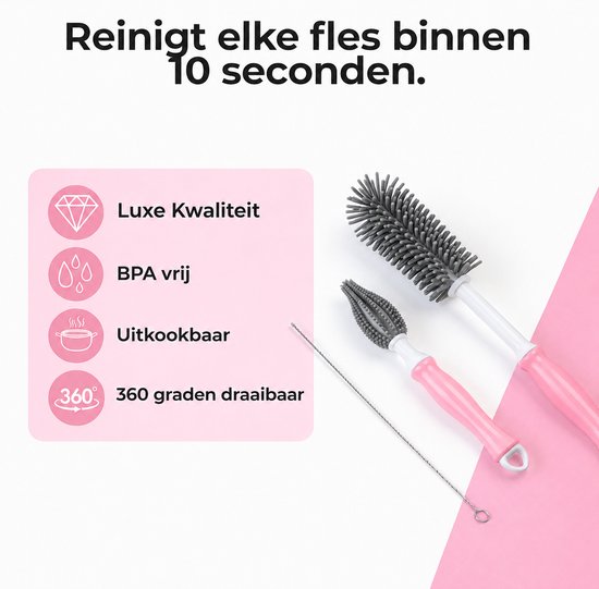 Flessenborstel Baby Siliconen – 3-delige Set – Roze – Flessenreiniger / Fles Borstel – Babyflessen & Zuigflessen – BPA-vrij - Flesvoedingsaccessoires — afbeelding 2