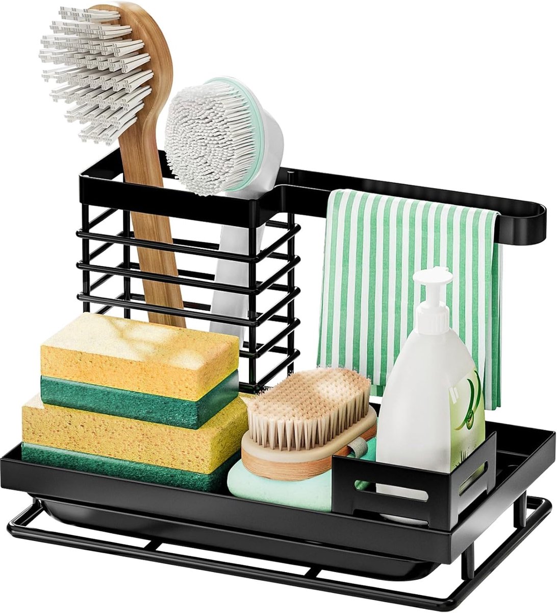 Keukenorganizer met Lekbak en Handdoekhouder – Spoelbak Organizer voor Spons, Afwasmiddel en Borstel – Gootsteen Organizer van Koolstofstaal – Roestbestendig en Antislip – Zwart