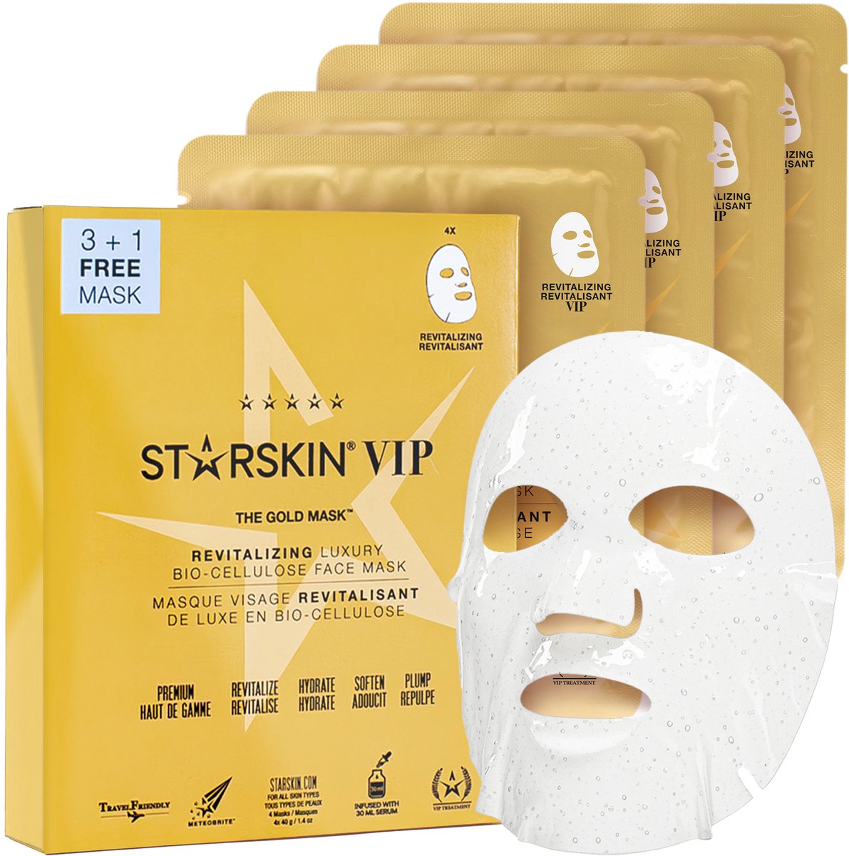 STARSKIN® VIP Gold Mask Face – Gezichtsmasker / Sheet Mask – Hydraterend, Revitaliserend & Anti-Aging – Korean Skincare voor alle huidtypen met Serum van Echt Goud, Teunisbloem & Meteobrite-complex – (3 + 1)