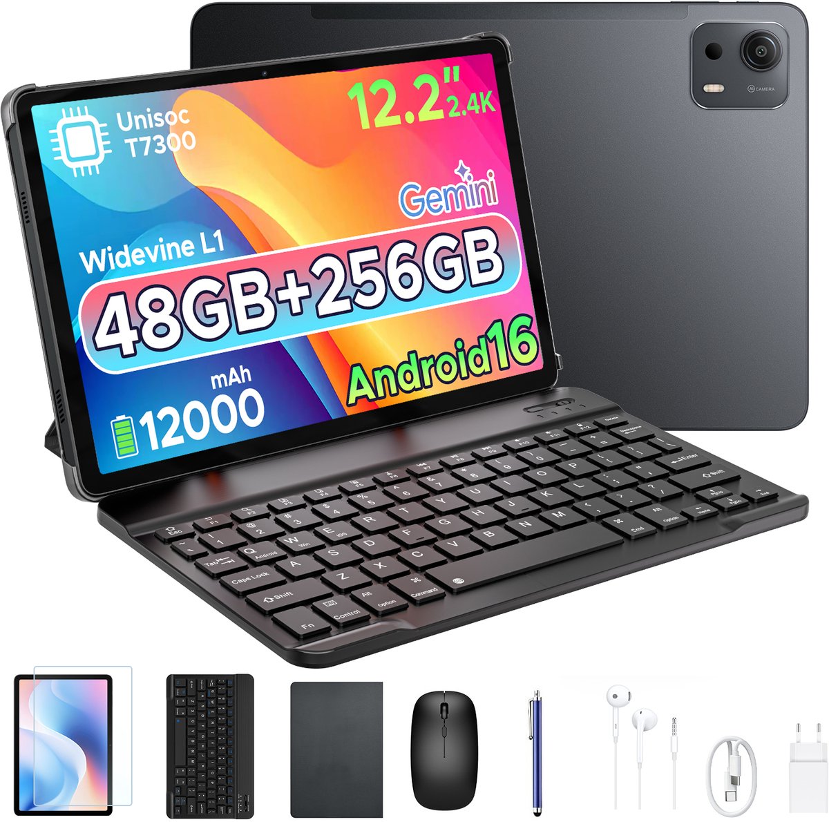 POCKAM P12 Plus - Tablet - 48GB RAM (12+36GB) + 256GB ROM (2 TB/TF) - 12,2 inch 2,4K 120Hz IPS - Android 16 - 12000mAh/18W - T7300 - Wi-Fi 5 - Bluetooth 5.0 - Quad-luidsprekers - Volledige accessoirebundel met toetsenbord en stylus