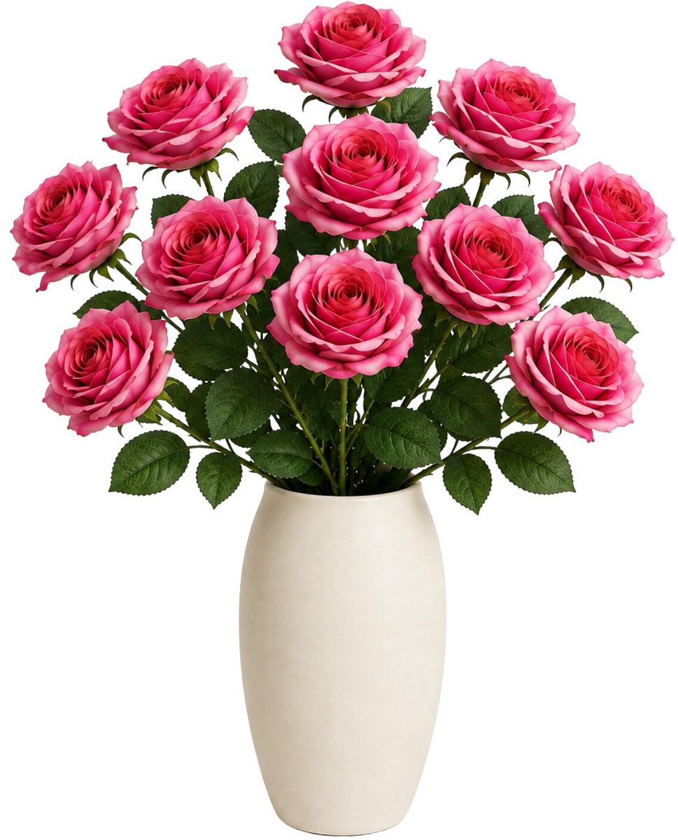 Bellatio Design Kunstbloem Roos Dijon - 12x - 64 cm - roze - zijde kunstbloemen - Boeket - stelen - rozen Donkerroze
