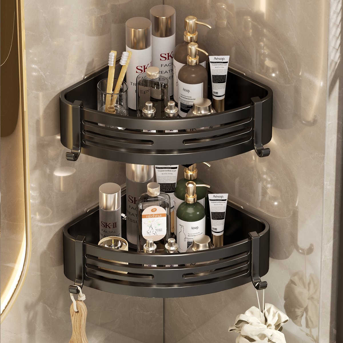 Doucherek Hoek 2 Stuks Zonder Boren met 4 Haken – Aluminium Douche Plank Zelfklevend – Badkamer Hoekrek Roestvrij Wandmontage – Voor Shampoo, Douchegel en Badkamer Accessoires