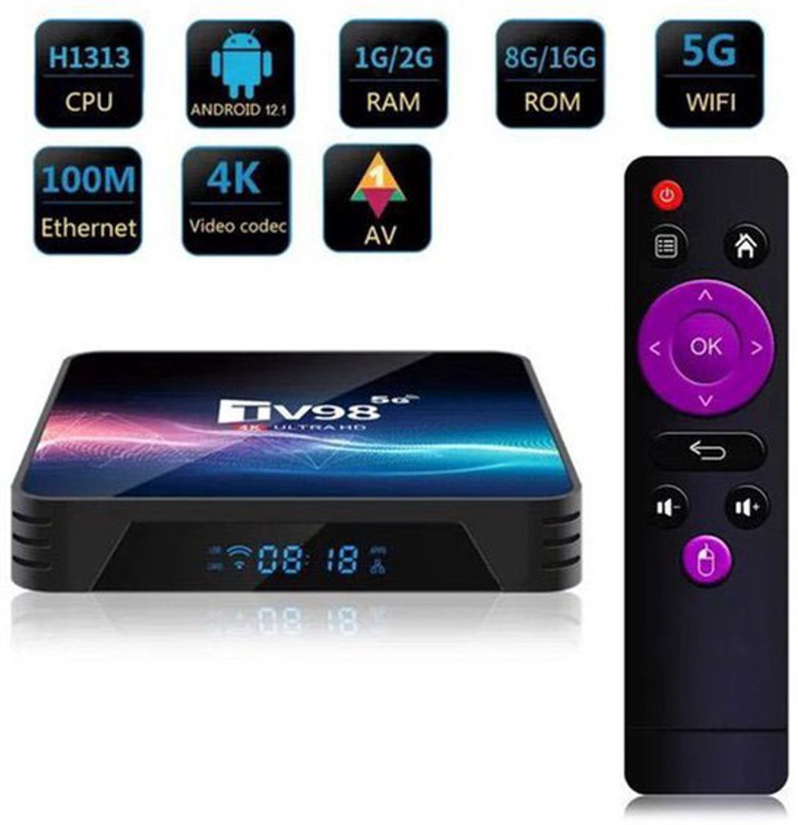 TV98 Android 12 TV Box - 4K UHD Mediaspeler - H616 Quad-Core - 2GB RAM & 16GB ROM - Dual Band WiFi 2.4G/5G & Bluetooth