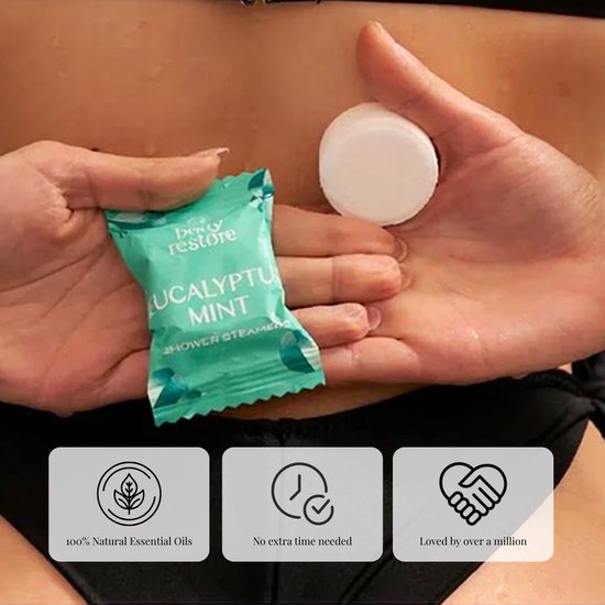 Handen houden een verpakte Body Restore Eucalyptus Mint douchetablet en een losse tablet vast. Iconen met "100% natuurlijke etherische oliën", "Geen extra tijd nodig", "Geliefd bij meer dan een miljoen".