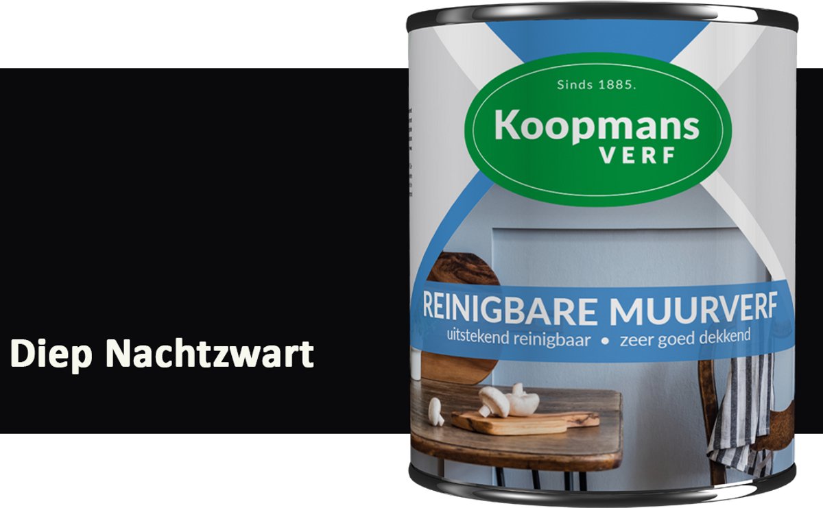 Koopmans Reinigbare Muurverf – Afwasbare Schrobvaste Muurverf Binnen – Mat – Voor Keuken, Woonkamer & Kinderkamer – Diep Nachtzwart – 1 l