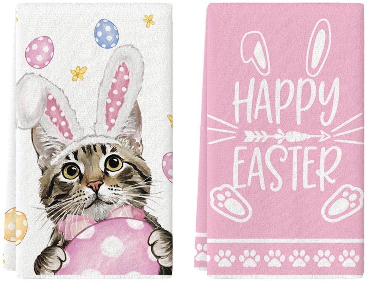 Dailygoody - Konijnenoor Paaseieren - Keukenhanddoeken Set van 2 - 42 x 65 cm - Polyester - Theedoeken - Perfect voor Pasen - Roze