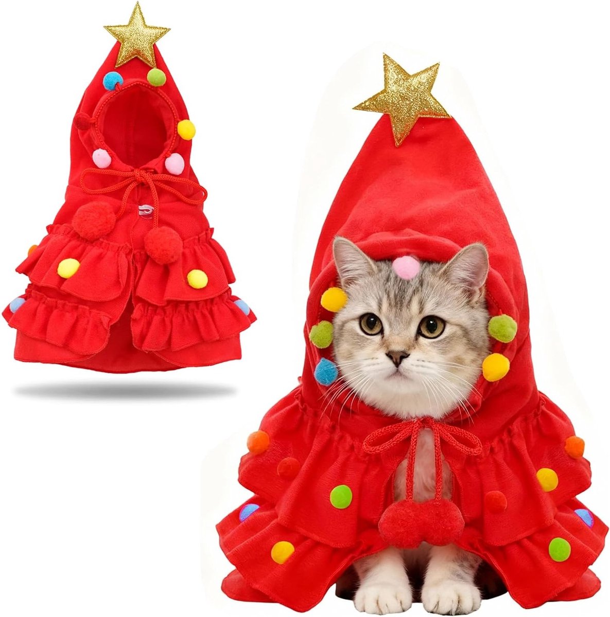 Kerstkostuum voor Katten en Honden met Kleurrijke Ster en Pompom, Cape in Boomstijl voor Feestelijke Cosplay en Party Outfits