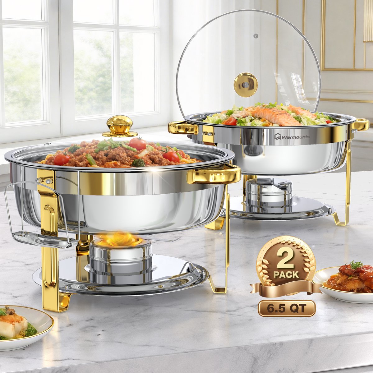 WARMOUNTS 6L Chafing Dish Set (2 Stuks) – Ronde Roestvrijstalen Warmhoudschalen met Glasdeksel, Stapelbaar Buffet Rechaud met Dekselhouder – Zilver & Goud, Voor Catering, Feest, Bruiloft
