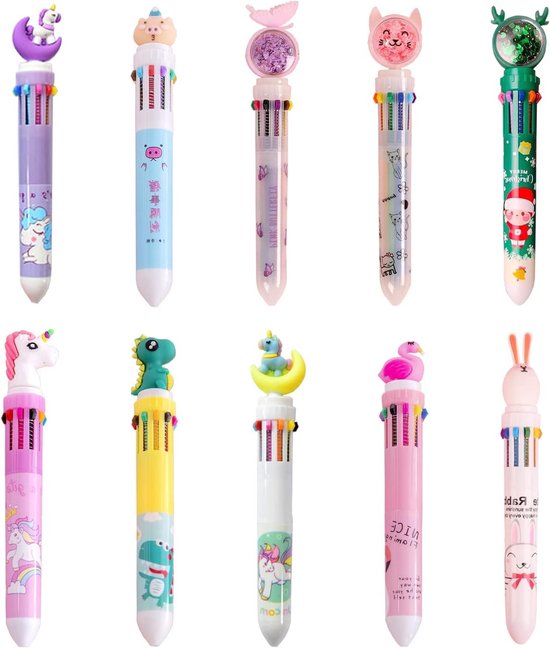 10-in-1 Retractable Balpen met 10 Kleuren, Creatieve Cartoon Pen voor Kantoor, School en Cadeaus voor Kinderen en Studenten