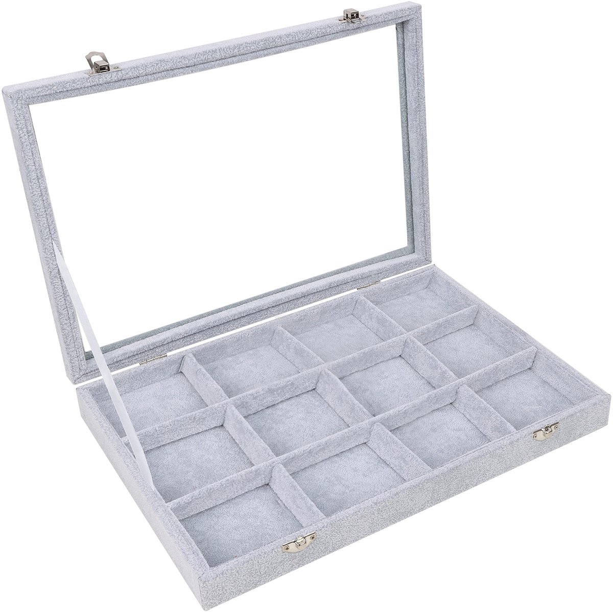 Dailygoody - Sieraden Organizer - Grijs Velours - Stapelbare Tray met Glazen Deksel - 12 Compartimenten - Ideaal voor Ringen, Kettingen en Armbanden