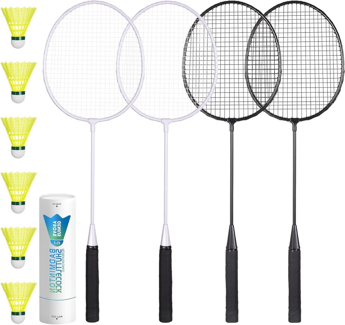 Badminton Rackets Set voor Buitenactiviteiten, Inclusief 4 Rackets en 6 Nylon Shuttlecocks, Ideaal voor Beginners en Gezellige Spelletjes in de Achtertuin