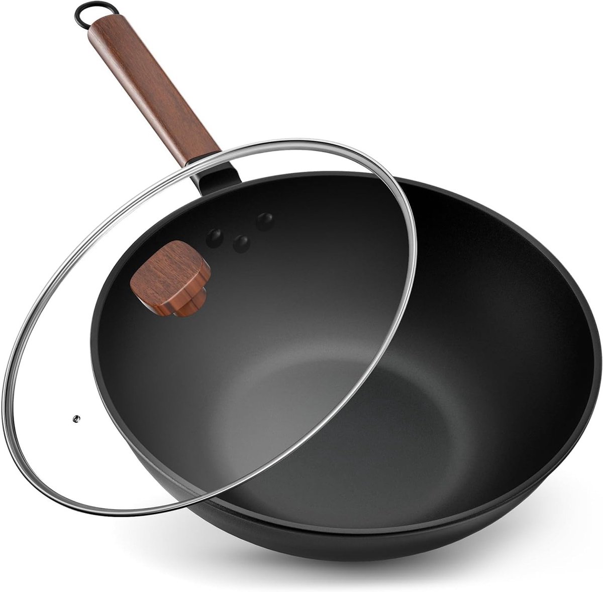 Wokpan van 32 cm met houten handvat, anti-aanbaklaag en deksel voor inductie, gas en elektrisch koken, ideaal voor 4-6 personen