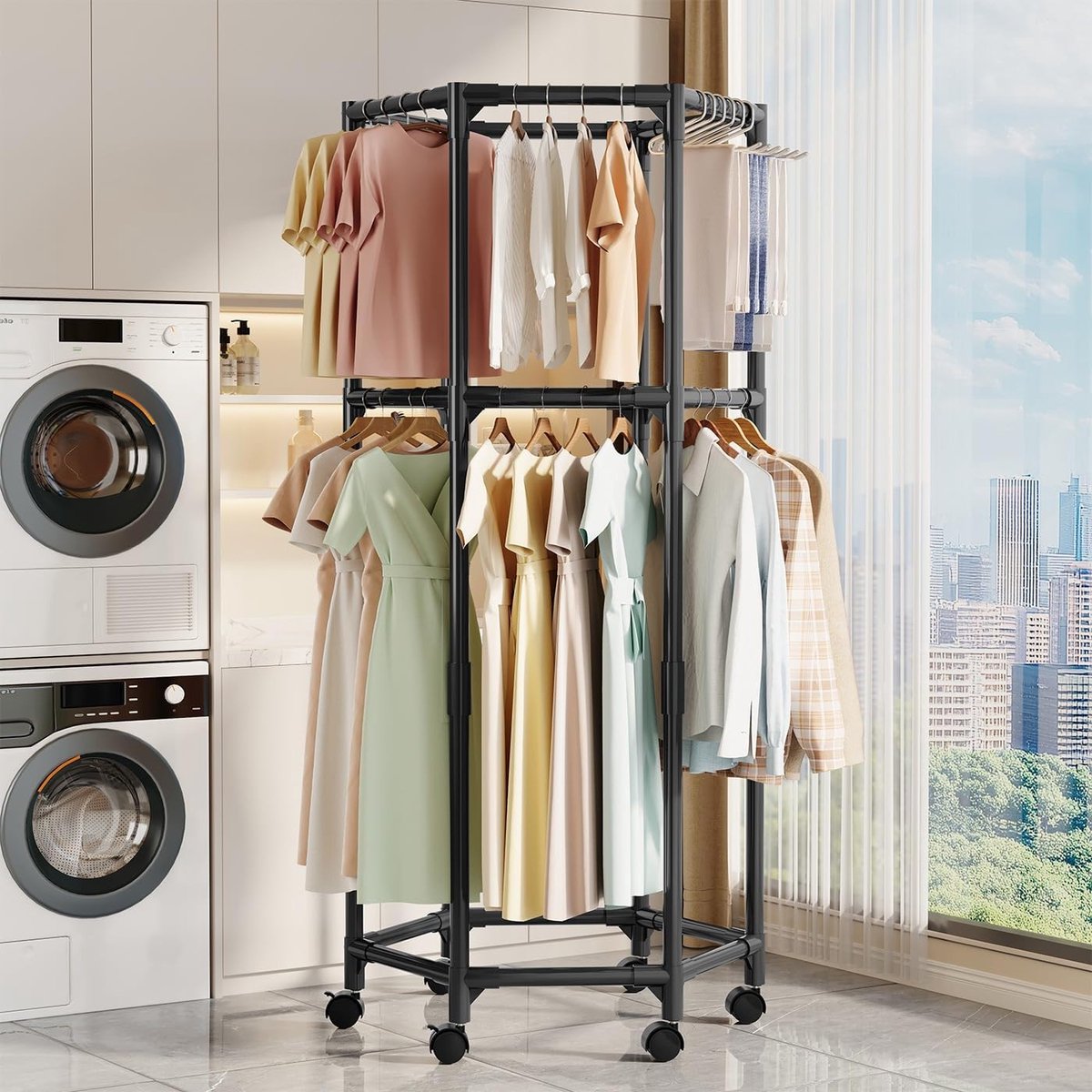 Dubbel Laags Hexagonaal Droogrek met 360 Graden Rotatie en Verplaatsbare Basis voor Thuis, Slaapkamer en Balkon - Ideaal voor Kleding en Handdoeken