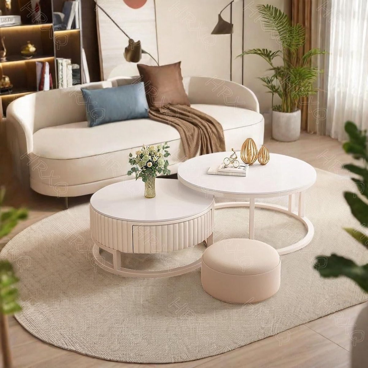 Salontafel Set van 2 Rond Ø70 & Ø50 cm – Koffietafel met Lade en Opbergruimte, Witte Steenlook Tafelbladen en Metalen Frame – Nesting Woonkamertafel voor Woonkamer, Slaapkamer en Kantoor – Mobili Bella