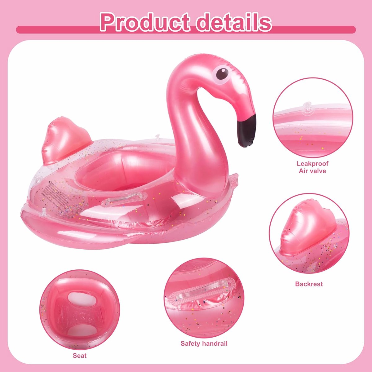 Opblaasbare babyzwemvlotter, babyzwembadvlotter voor 6-36 maanden, babymeisje met zitje, opblaasbare babydrijver, zwemring voor baby, peuter, kinderen van 1-3 jaar (felroze flamingo) – foto 2