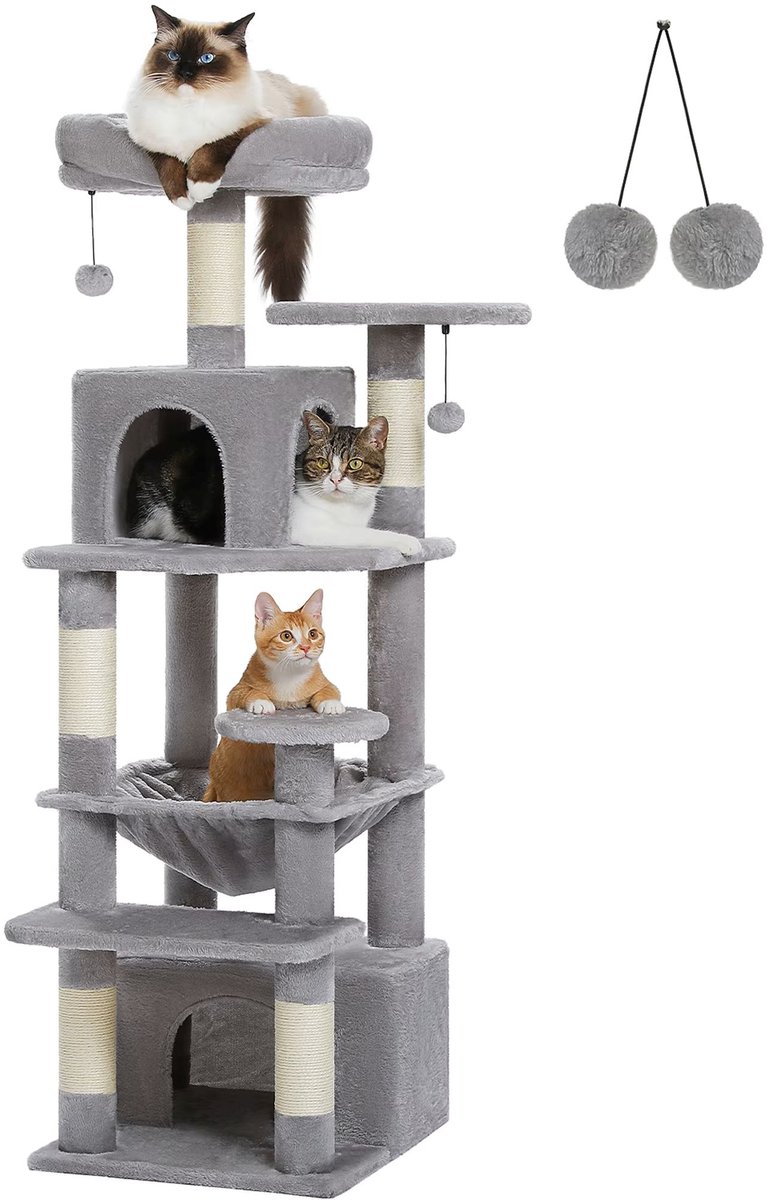Venzor - Krabpaal 136 cm – Grijs – Grote Katten Toren met Sisal Krabpalen, Hangmat, Speelhuisje & Ligplateaus – Voor Binnenkatten