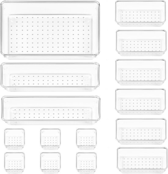 Een set van 15 doorzichtige kunststof lade-organizers, met 3 lange, 4 middelgrote en 8 kleine bakjes.