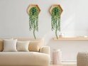 Deux plantes vertes retombantes à feuilles rondes dans des supports muraux hexagonaux au-dessus d'un canapé.
