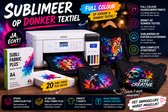 Epson SureColor F100 Sublimatie Starterspakket + 20 Subli Fabric Plus Vellen + Zwarte T-Shirts | Sublimeren op Katoen én Donker Textiel