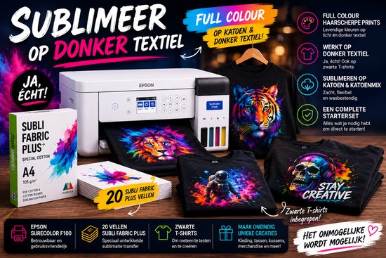 Epson SureColor F100 Sublimatie Starterspakket + 20 Subli Fabric Plus Vellen + Zwarte T-Shirts | Sublimeren op Katoen én Donker Textiel