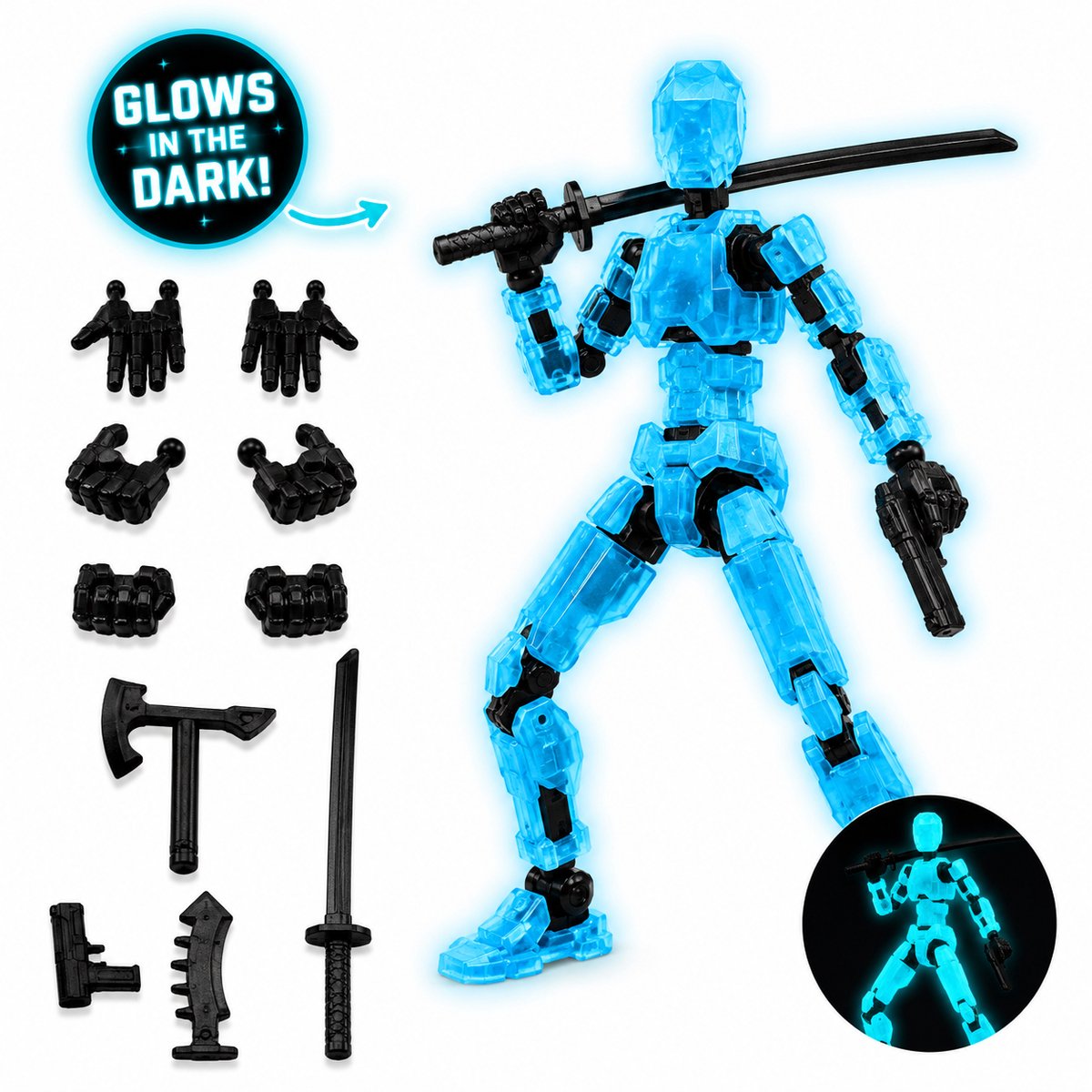Enluxe Blauw Glow In The Dark T13 Stick Action Figure – Flexibele Beweegbare Pop, Verwisselbare Handen en Speelgoedwapens, Creëer je Eigen Gevechtsscene, Perfect voor Kinderen en Verzamelaars