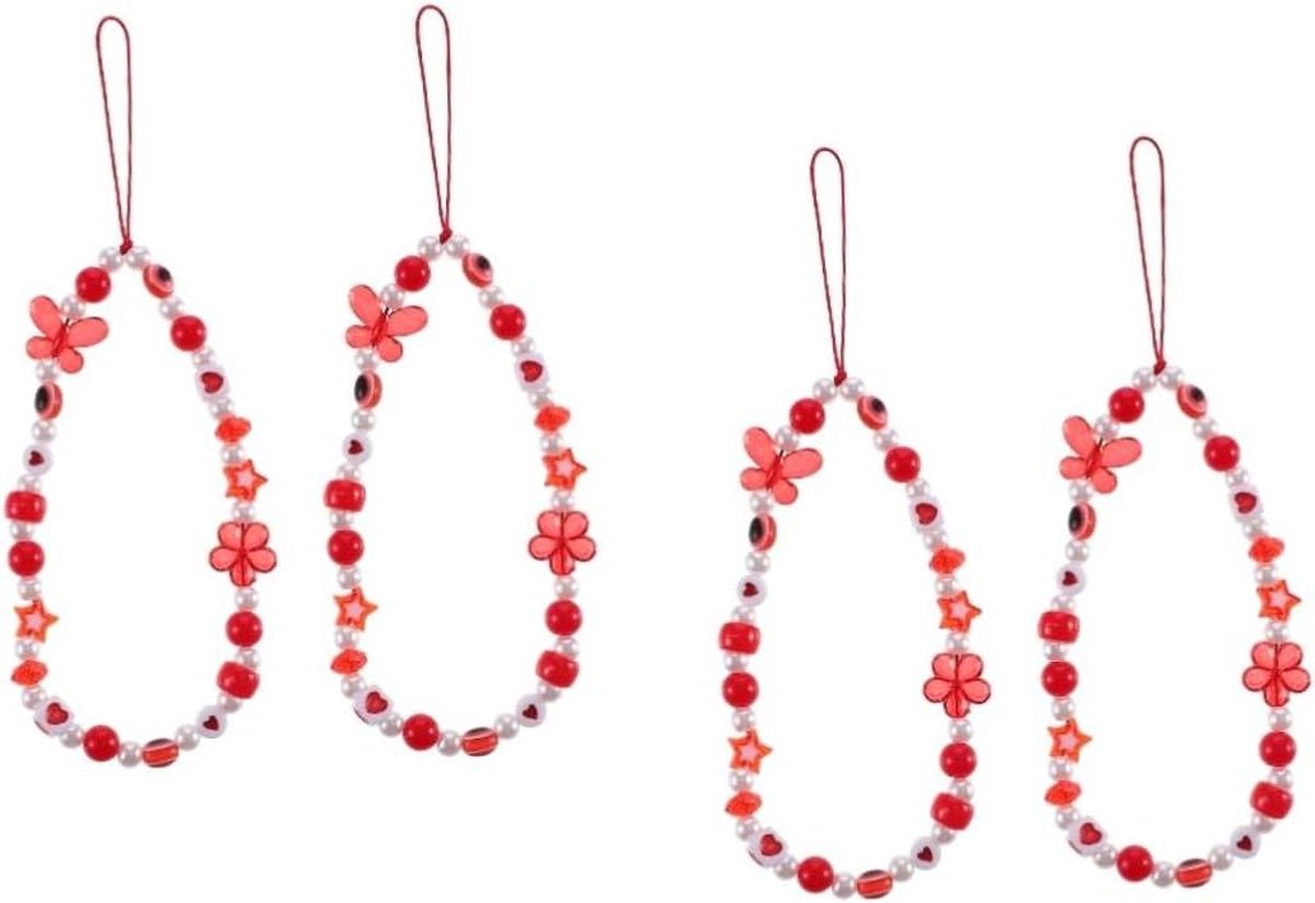 Telefoonkoord Set - Polsbandje Hanger - Veilig Mobiel - Kralen Decoratie - 4 Stuks - Wit Rood