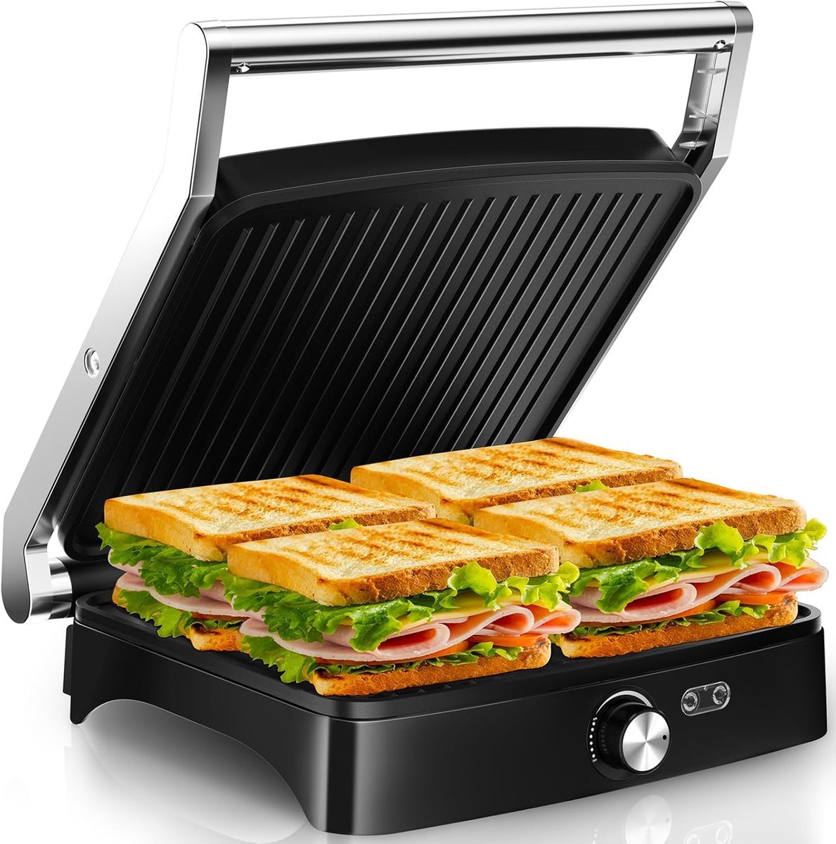 Contactgrill Sandwichmaker - Tafelgrill Panini - Warme Snacks Bereiden - 180 Graden Openklapbaar - 31x35x9 cm - Zilver