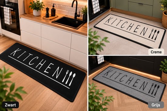 Keukenlopers in zwart, crème en grijs met de tekst 'KITCHEN' en afbeeldingen van bestek.