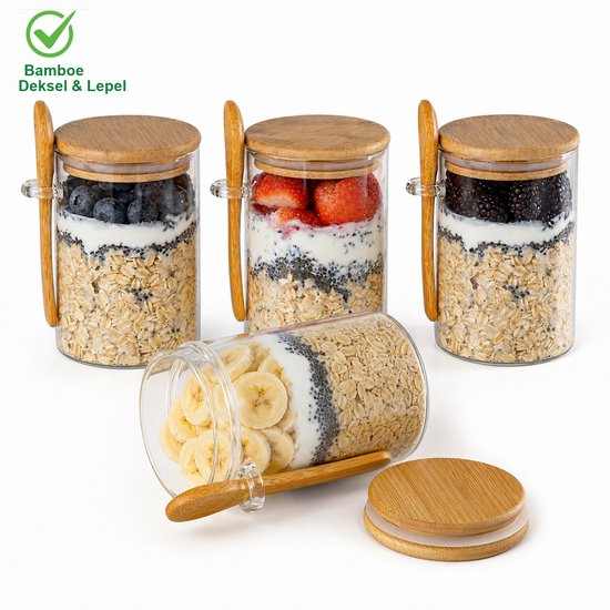 2Day Home - Bocaux Overnight Oats - Bocaux en Verre avec Couvercle - 4 Pièces - 500 ml - Incl. Livre de Recettes