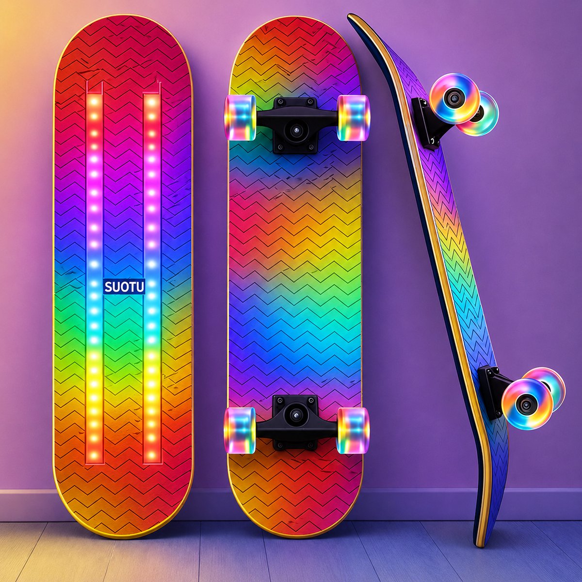 Suotu Skateboard met LED Lichtgevend Dek & Wielen 80x20cm ABEC-9 95A Schokabsorptie Jongens Meisjes Volwassenen Skateboards Gekleurde Pijlen