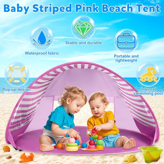 Strandschelptent voor baby's, pop-up strandtent, babystrandtent met mini-zwembad, uv-bescherming, zonnetent voor peuters, picknick, tuin, strandschelptent — afbeelding 4