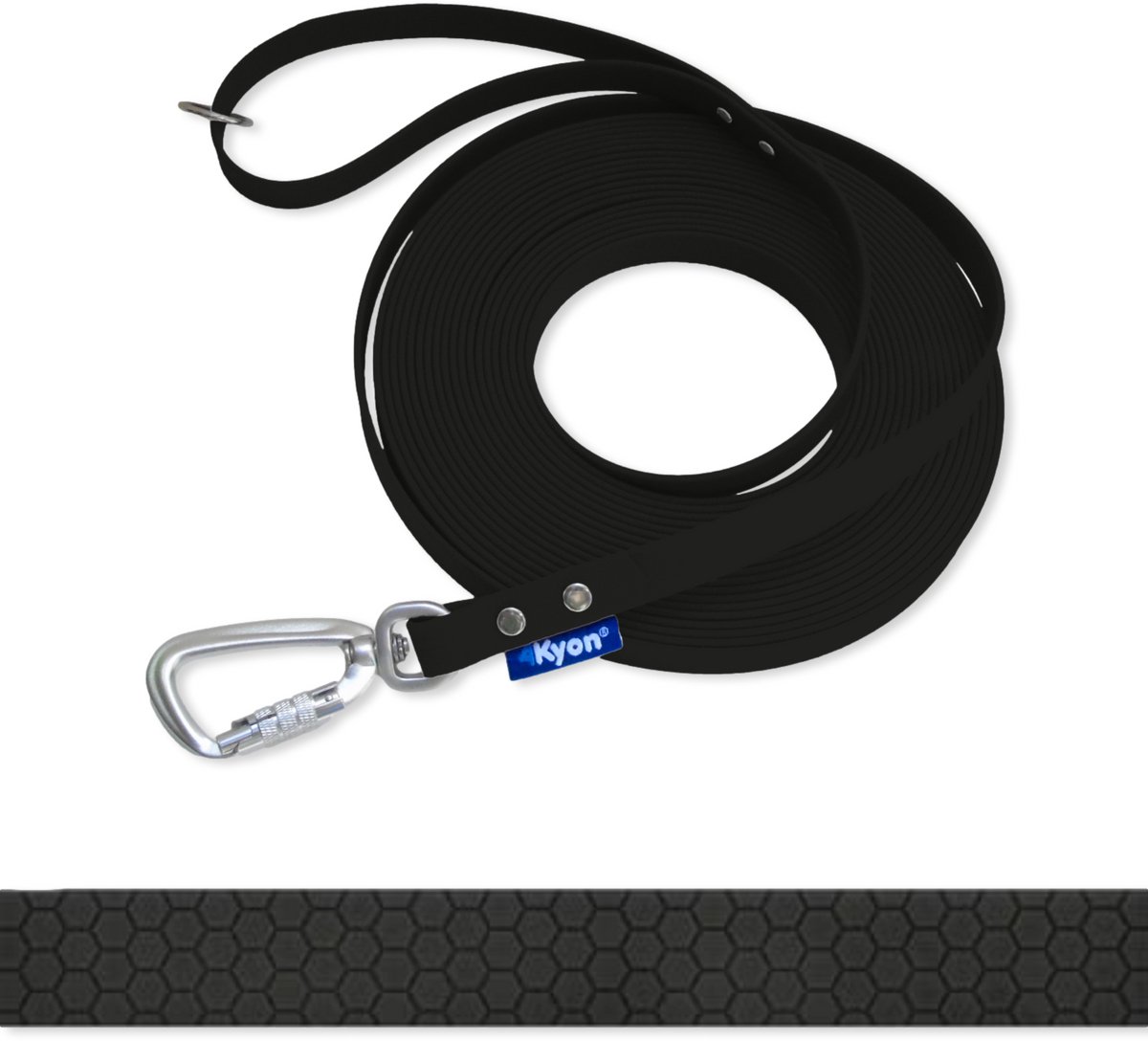 4Kyon | Anti-slip lijn - 10 meter lange Hondenlijn - Veilige Auto-Lock karabijn haak - Zwart - 16mm breed