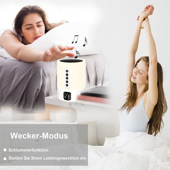 Bluetooth-luidspreker met licht, witte ruisgenerator en lichtwekker; aanraakgevoelige, dimbare nachtlamp met wekkerfunctie; een cadeau voor meisjes, jongens en kinderen. — afbeelding 4