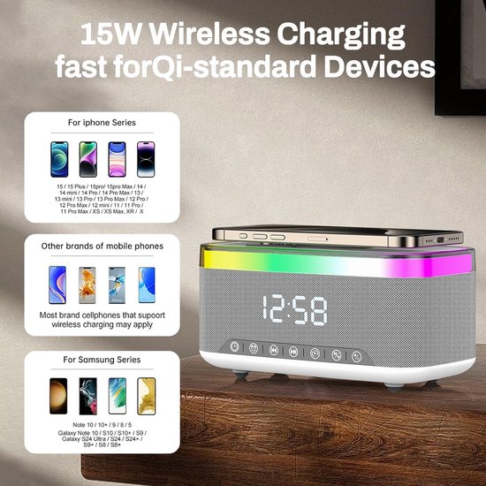 Digitale wekker, wekker met laadstation, radiowekker, radioklok, digitaal met bluetooth-luidspreker, 6 kleuren, nachtlampje, 15 W, draadloze oplader geschikt voor iPhone, Samsung — afbeelding 3
