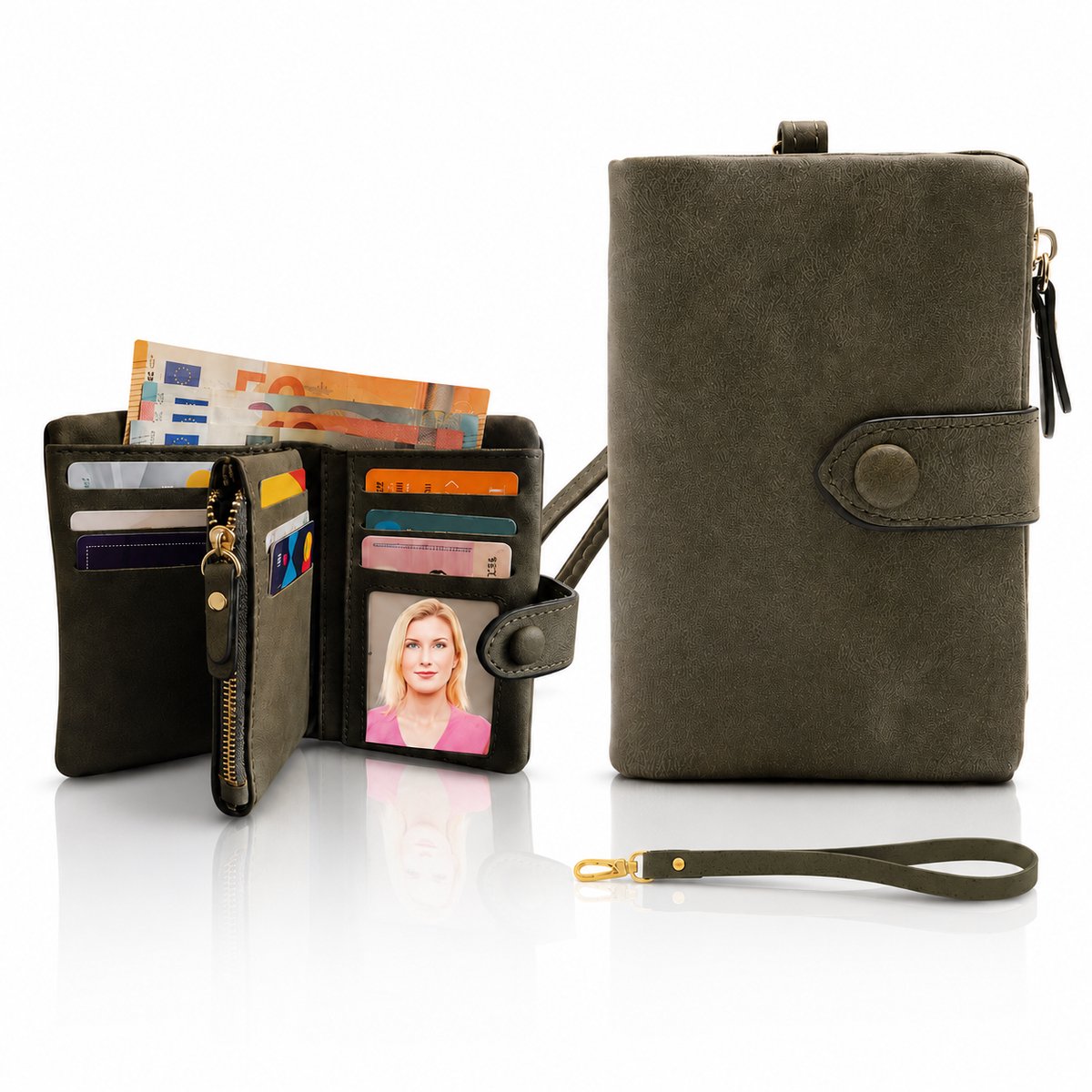 Luxamore® Dames Portemonnee Olijfgroen – Kleine Portemonnee Dames met RFID Bescherming – Creditcardhouder met 15 Pasjesvakken – 19 Vakjes – Muntvak met Rits – Afneembare Polsband